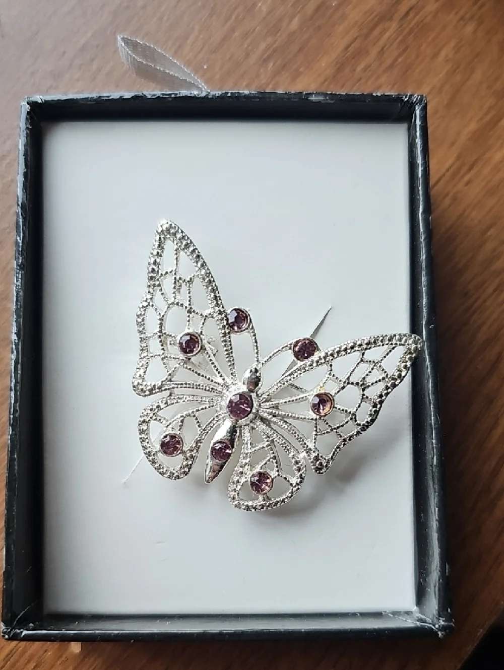 NIB Vintage Silver Butterfly Brooch with Purple Gem Accents